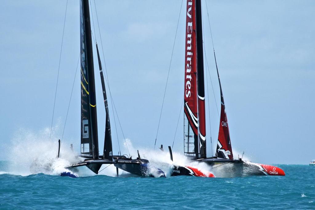 Artemis Racing leads Emirates Team NZ as both simo-dive , Race 13 - Round Robin 1 - America's Cup 2017, May 29, 2017 Great Sound Bermuda photo copyright Richard Gladwell www.photosport.co.nz taken at  and featuring the  class