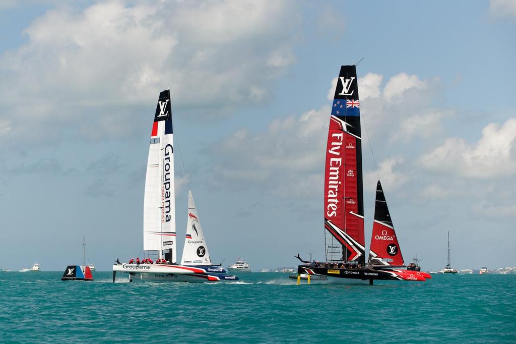 Emirates Team New Zealand sailing on Bermuda's Great Sound in the Louis Vuitton America's Cup Qualifiers <br />
Round Robin 1 - Race 3 - Emirates Team New Zealand (NZL) vs. Groupama Team France (FRA) © Richard Hodder/Emirates Team New Zealand