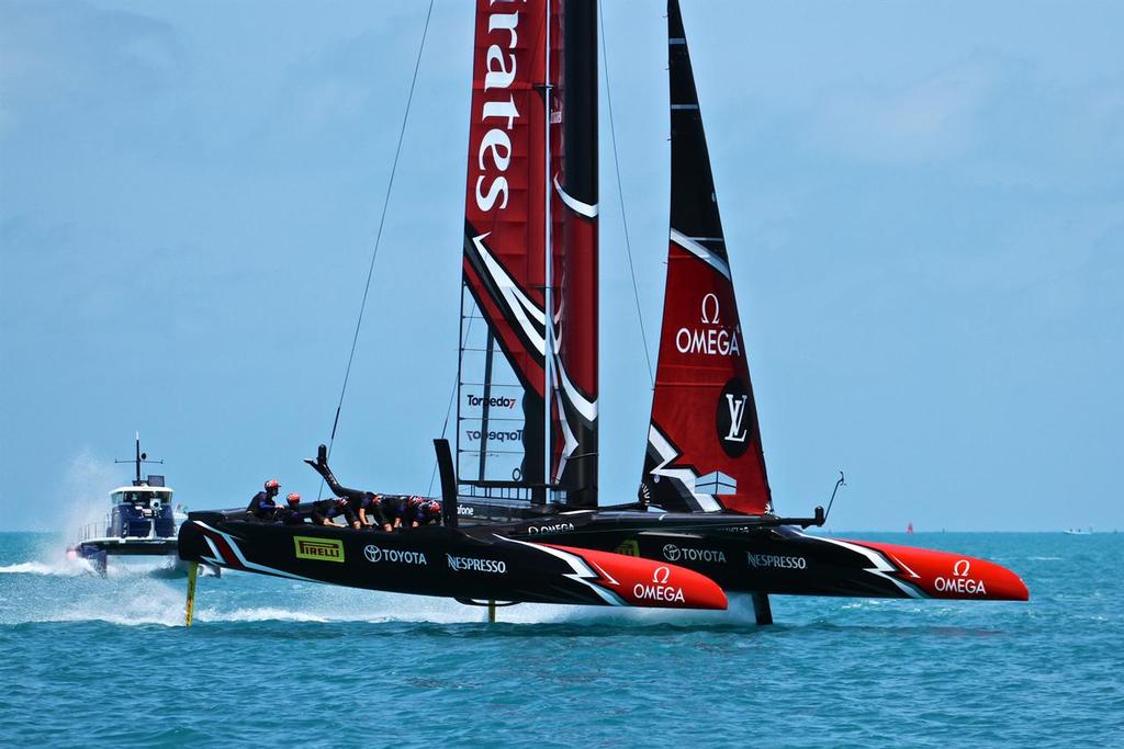 Emirates Team New Zealand with the TV boat astern - Round Robin 2, Day 4 - 35th America's Cup - Bermuda  May 30, 2017 © Richard Gladwell www.photosport.co.nz