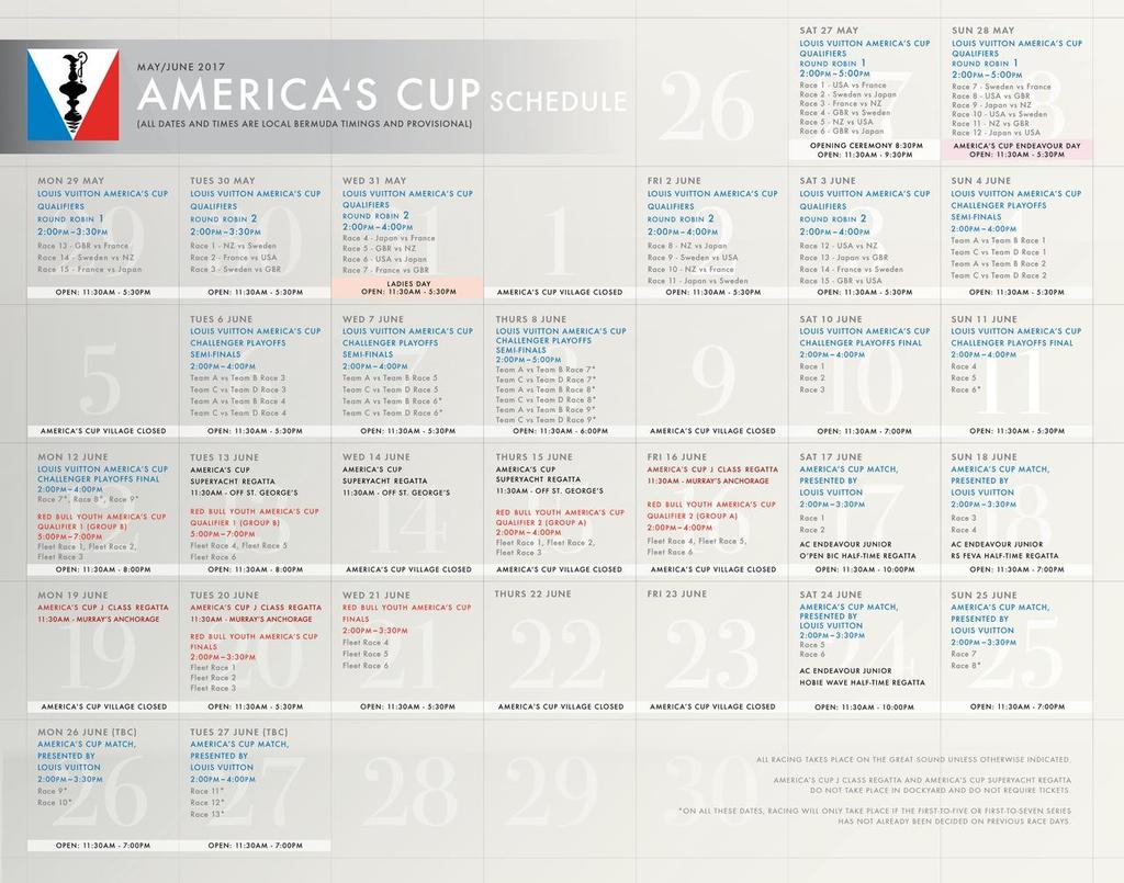 Revised America’s Cup Race Schedule as at May 26, 2017 ©  ACEA http://www.americascup.com