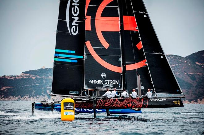 Day 3 – Armin Strom getting practice against Engie for the Anonimo Speed Trial – GC32 Villasimius Cup © Jesus Renedo / GC32 Racing Tour