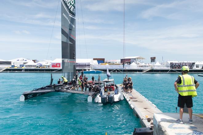 Land Rover BAR back on dock after breakage to wing during race one - Louis Vuitton America's Cup ©  Harry KH / Land Rover BAR