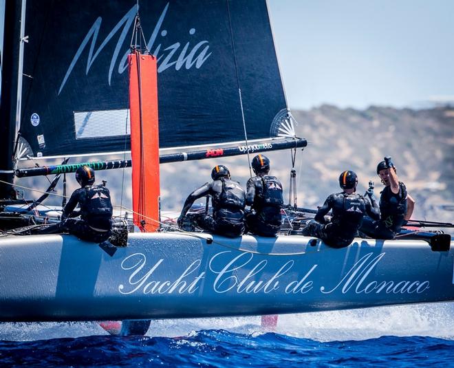 Pierre Casiraghi punches the air in triumph after winning Race 9 – GC32 Villasimius Cup © Jesus Renedo / GC32 Racing Tour