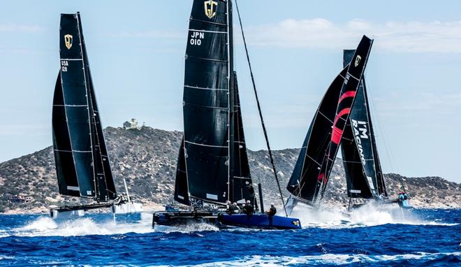 Getting to the first turning mark and the big bear-away manoeuvre – GC32 Villasimius Cup © Jesus Renedo / GC32 Racing Tour