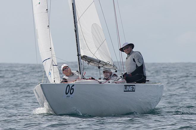 LtoR: Myles Baron-Hay, Peter Hillier and Peter Conde on, Encore, as they went about ‘owning’ Race Seven today. - 2017 Line 7 Etchells Australasian Championship ©  Alex McKinnon Photography http://www.alexmckinnonphotography.com