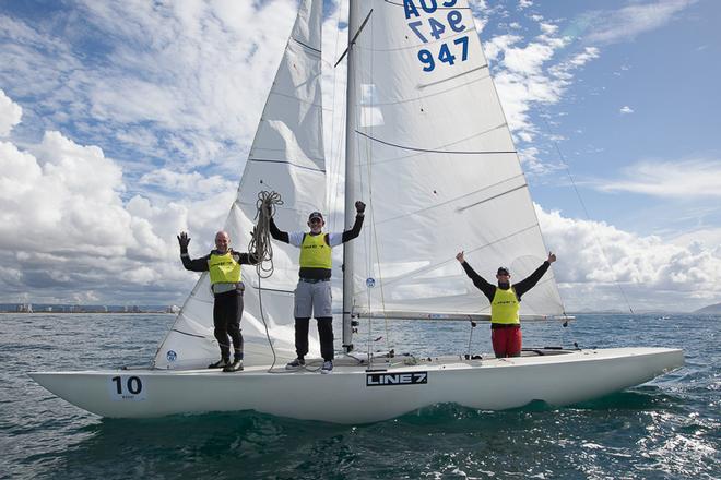 Team Magpie celebrates after cementing their win – James Mayo, Steve Jarvin and Graeme Taylor. - 2017 Line 7 Etchells Australasian Championship ©  Alex McKinnon Photography http://www.alexmckinnonphotography.com