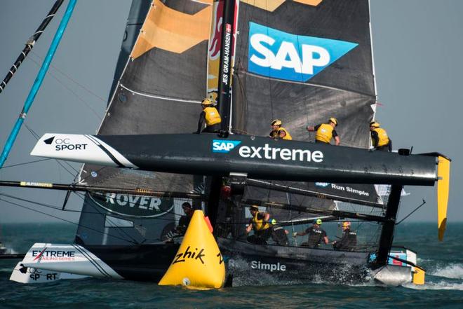 Act 2, Extreme Sailing Series Qingdao - Day 1 - SAP Extreme Sailing Team and Red Bull Sailing Team – Spectators can also watch the action for free from nearby Sant Sebastià, Barcelona’s longest beach ©  Xaume Olleros / OC Sport
