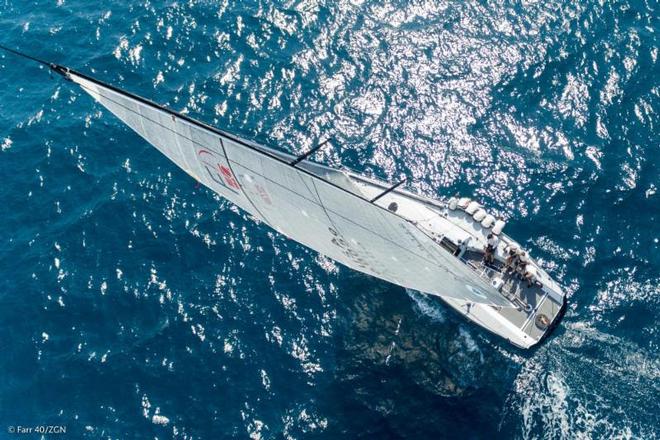 An overhead shot taken from a helicopter shows Plenty, the American entry led by owner-driver Alex Roepers, in perfect trim while sailing upwind on the Gulf of Gaeta. - 2017 Farr 40 Gaeta Open Trophy ©  Farr 40 / ZGN