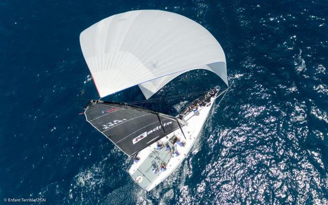 A great aerial look at Enfant Terrible as she sails downwind under spinnaker. The Italian entry led by skipper Alberto Rossi placed second in the overall standings - 2017 Farr 40 Gaeta Open Trophy © Enfant Terrible/ZGN