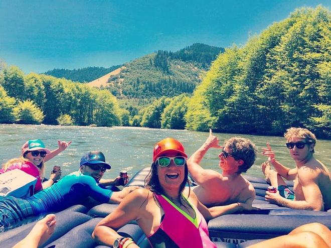 IWT Riders (L to R: Mandi Sinclair, Jesse Cohen, Sam Bittner, Russ Faurot and Morgan Noireaux) floating the Klickitat River in Washington yesterday afternoon. © International Windsurfing Tour