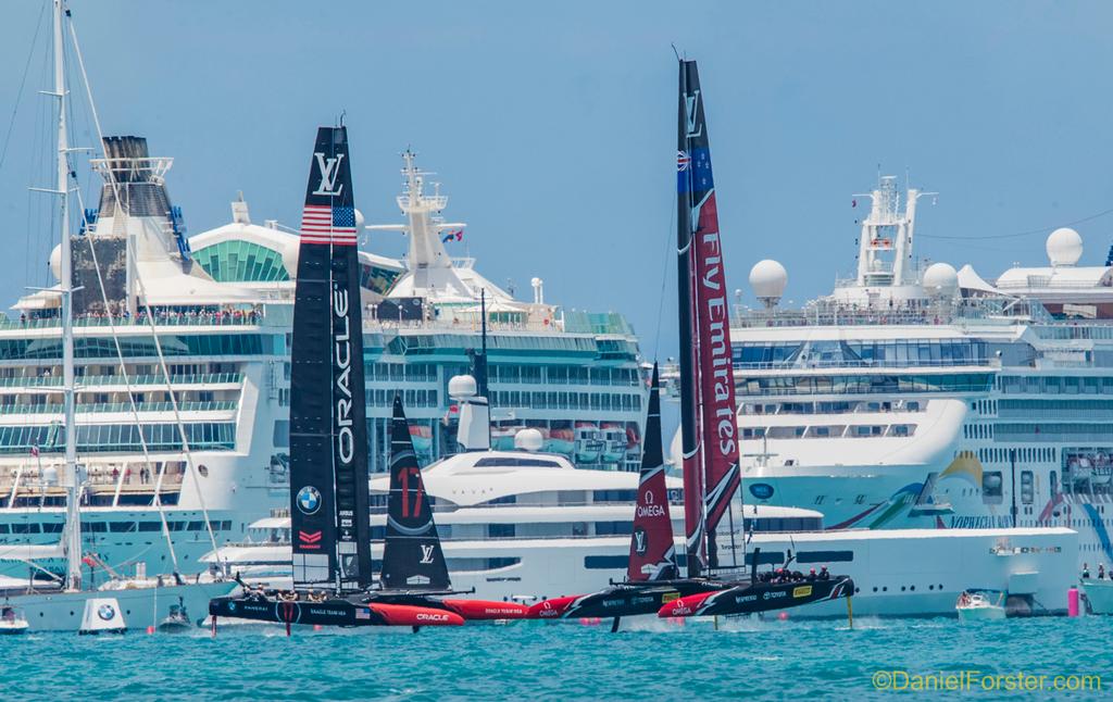 Emirates Team New Zealand<br />
Oracle Team USA<br />
<br />
Ernesto Bertarelli's VAVA and cruise ships<br />
<br />
Day  5<br />
2017 35th America's Cup Bermuda  © Daniel Forster http://www.DanielForster.com
