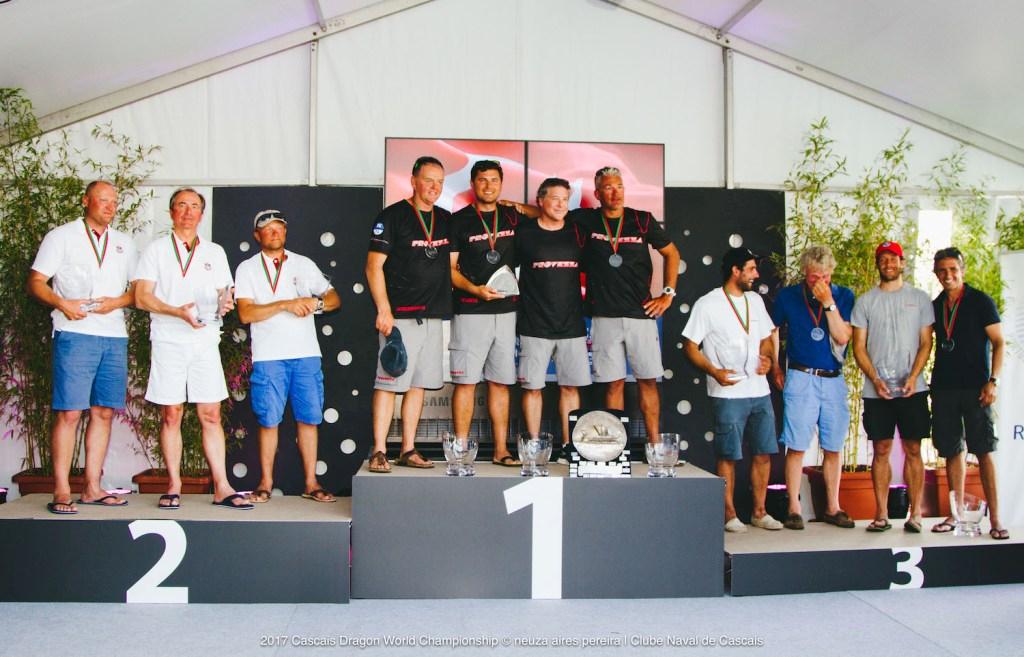 DW Overall podium - 2017 Dragon World Championship in Cascais photo copyright  Neuza Aires Pereira taken at  and featuring the  class