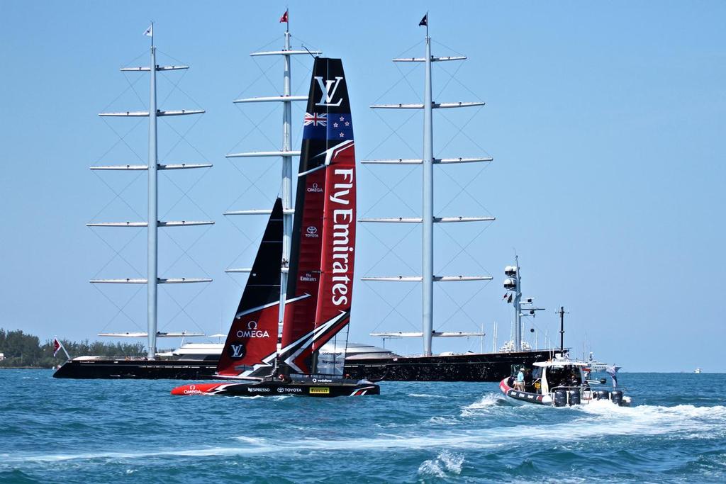 Emirates Team NZ passes the super yacht, Maltese Falcon- Semi-Finals  - America's Cup 2017, June 4, 2017 Great Sound Bermuda © Richard Gladwell www.photosport.co.nz