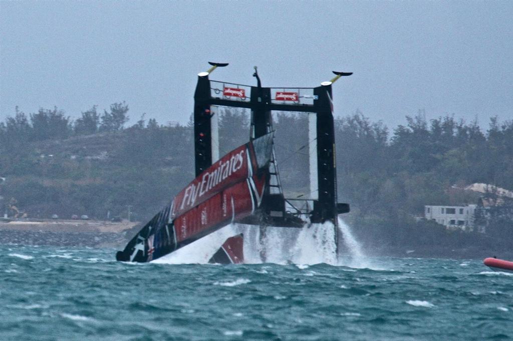Immediately after the pitchpole - water empties from the cockpits - Emirates Team New Zealand - Semi-Final, Day 11 - 35th America's Cup - Bermuda  June 6, 2017 © Richard Gladwell www.photosport.co.nz
