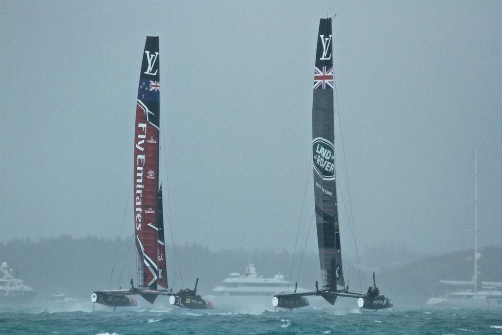 Emirates Team New Zealand and Land Rover BAR head off into the murk - Semi-Final, Day 11 - 35th America’s Cup - Bermuda  June 6, 2017 © Richard Gladwell www.photosport.co.nz