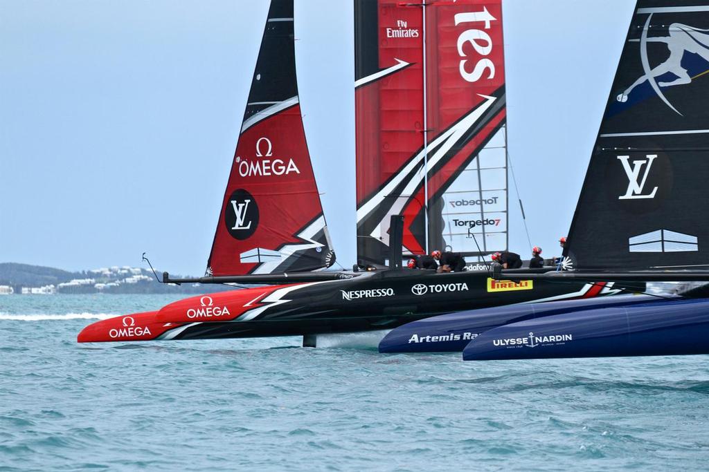 Artemis Racing and Emirates Team NZ closing on the finish Race 6 - Challenger Final, Day 11 - 35th America's Cup - Bermuda  June 11, 2017 © Richard Gladwell www.photosport.co.nz