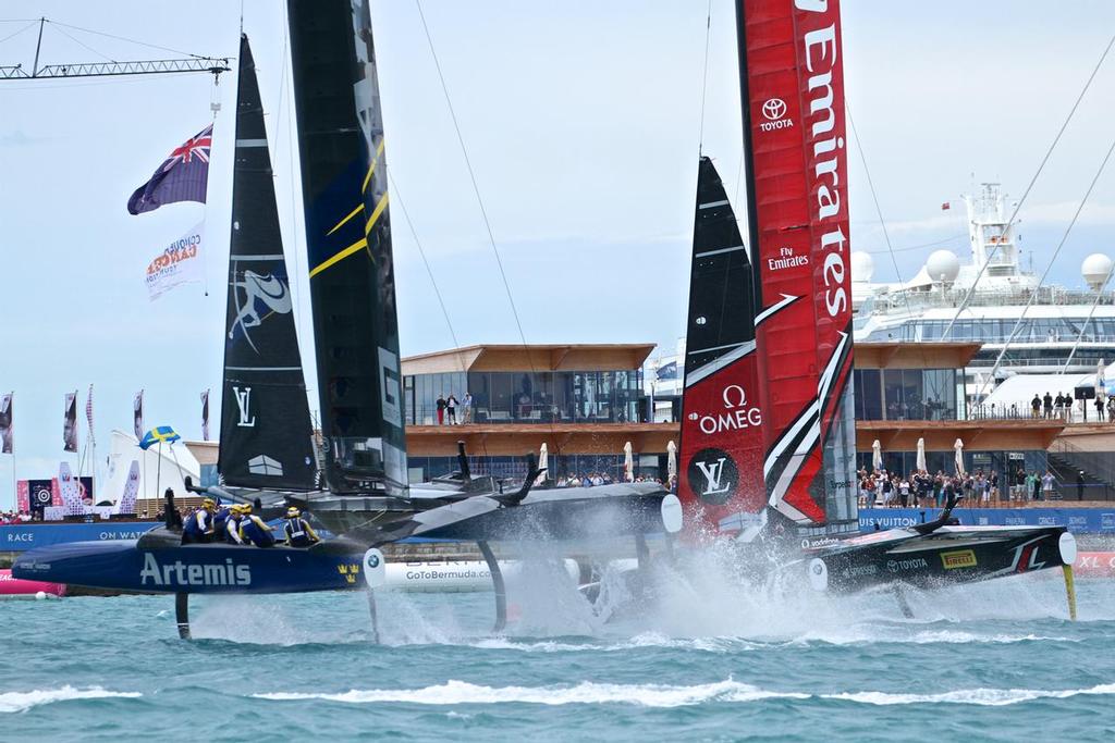 Artemis Racing and Emirates Team NZ in a photo finish Race 6 with a margin of just 1.3secs in favor of the New Zealanders- Challenger Final, Day 11 - 35th America's Cup - Bermuda  June 11, 2017 photo copyright Richard Gladwell www.photosport.co.nz taken at  and featuring the  class