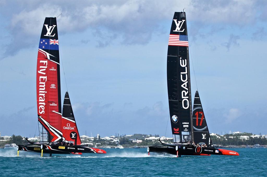 Emirates Team NZ chases Oracle Team USA after the start of their Round Robin 1. © Richard Gladwell www.photosport.co.nz