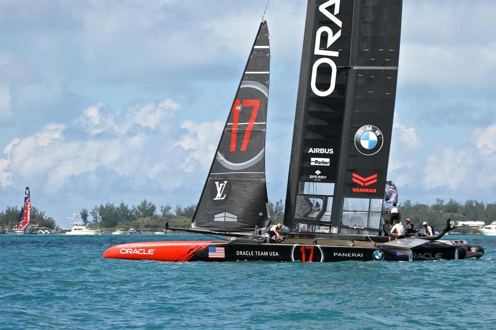 Oracle Team USA testing on the Great Sound Bermuda, with Emirates Team NZ changing settings in the background - June 15, 2017 © Richard Gladwell www.photosport.co.nz