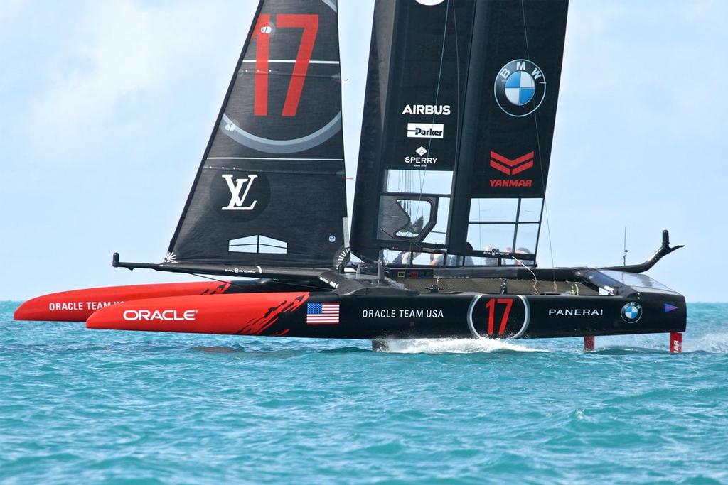Oracle Team USA - training - the downwind grinders bike seat can be seen just above the BMW logo alongside the after crossbeam - 35th America's Cup - Bermuda  June 15, 2017 © Richard Gladwell www.photosport.co.nz