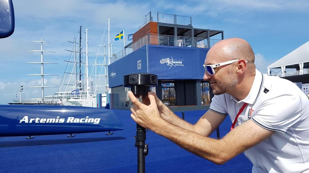 ARL's Chris Carpenter sets up one of two 360VR cameras used on Emirates Team NZ and Oracle Team USA to produce the new sailing viewer experience. photo copyright ARL Media http://www.arl.co.nz/ taken at  and featuring the  class