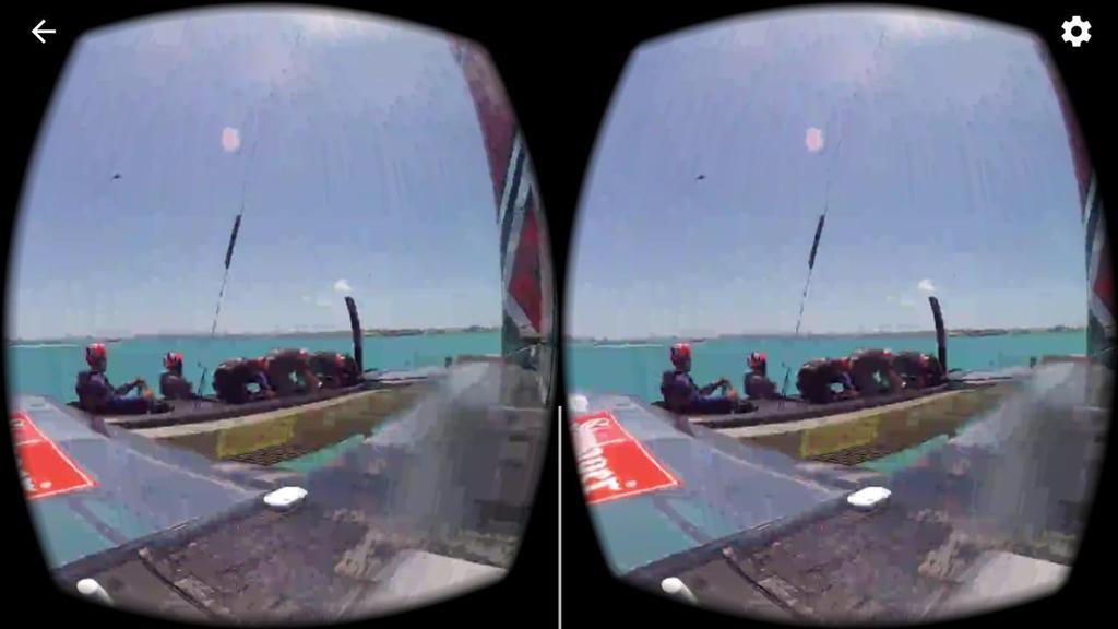 Low resolution screen shot from the Samsung Gear headset showing ETNZ's cyclors, wing sail trimmer and helmsman in action using 360VR photo copyright ARL Media http://www.arl.co.nz/ taken at  and featuring the  class