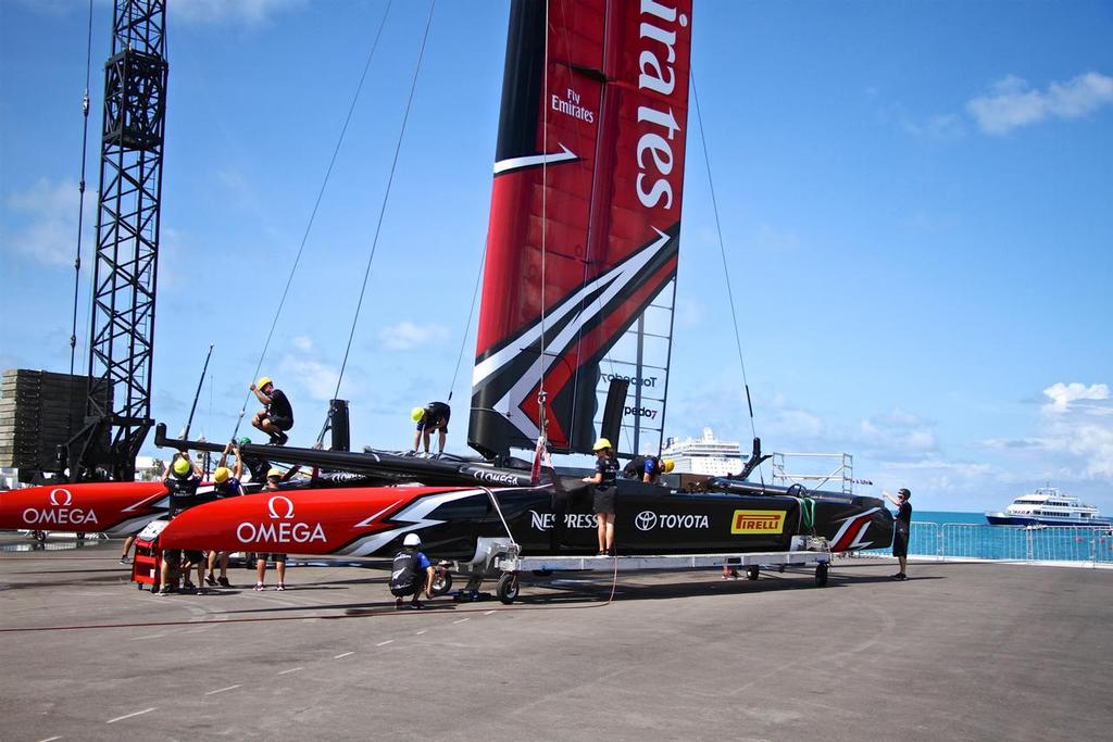 Support crews de-rig Emirates Team New Zealand   on Wednesday June 21, 2017 photo copyright Richard Gladwell www.photosport.co.nz taken at  and featuring the  class