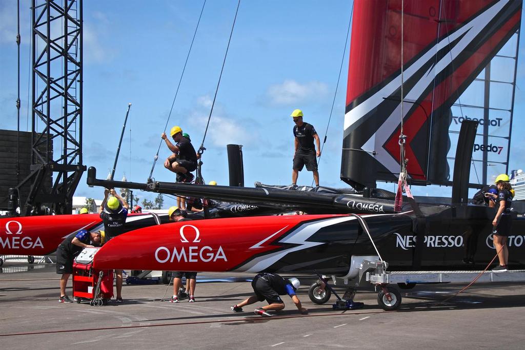 Support crews de-rig Emirates Team New Zealand   on Wednesday June 21, 2017 photo copyright Richard Gladwell www.photosport.co.nz taken at  and featuring the  class