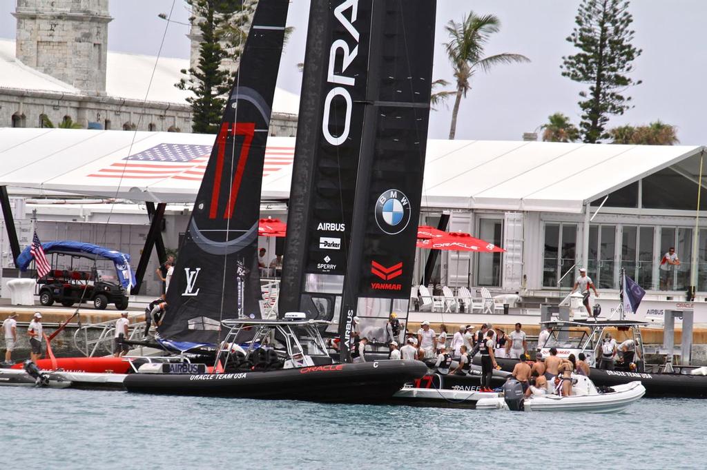 Relaxed scene as Oracle Team USA pulls into their dock after a final training session  - America's Cup 2017, June 23, 2017 - Great Sound Bermuda photo copyright Richard Gladwell www.photosport.co.nz taken at  and featuring the  class