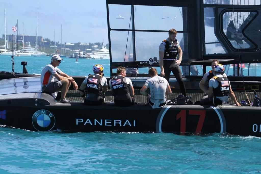 Oracle Team USA’s afterguard on the tow home with coach Philippe Presti (on aft beam) - Match, Day  4 - Race 7 - 35th America’s Cup  - Bermuda  June 25, 2017 © Richard Gladwell www.photosport.co.nz