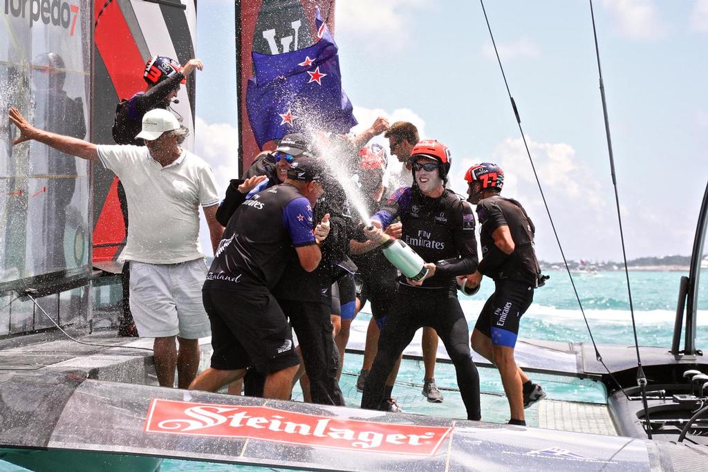 Peter Burling sprays champagne - Emirates Team NZ wins the  America's Cup 2017, June 26, 2017 - Great Sound Bermuda photo copyright Richard Gladwell www.photosport.co.nz taken at  and featuring the  class