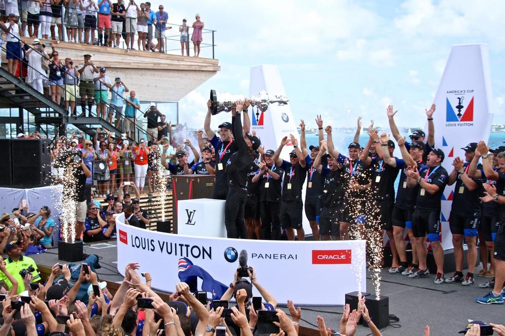 Peter Burling and Glenn Ashby raise the America's Cup - Emirates Team NZ wins the  America's Cup 2017, June 26, 2017 - Great Sound Bermuda photo copyright Richard Gladwell www.photosport.co.nz taken at  and featuring the  class