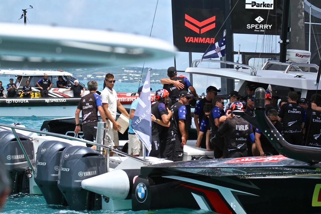 New Challenger of Record - Patrizio Bertelli (Luna Rossa, dark shirt)) looks on from the back ground chase boat after Emirates Team New Zealand - Match, Day  5 - Finishes - Race 9 - 35th America's Cup  - Bermuda  June 26, 2017 © Richard Gladwell www.photosport.co.nz