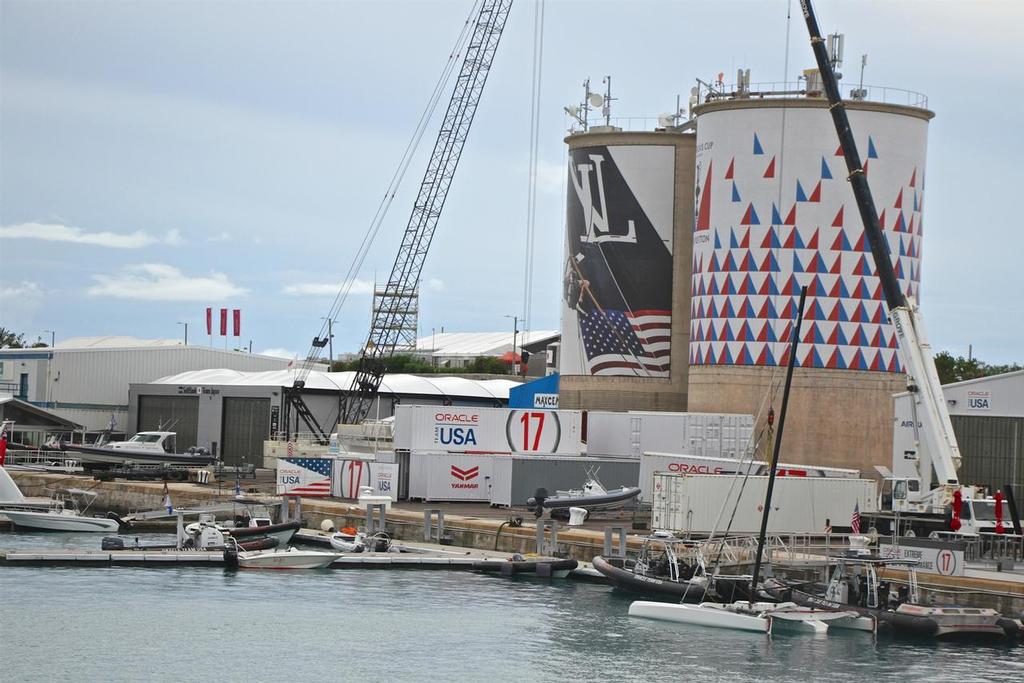 Oracle Team USA and Softbank Team Japan nestled amongst silos in Bermuda, June 28, 2017 © Richard Gladwell www.photosport.co.nz