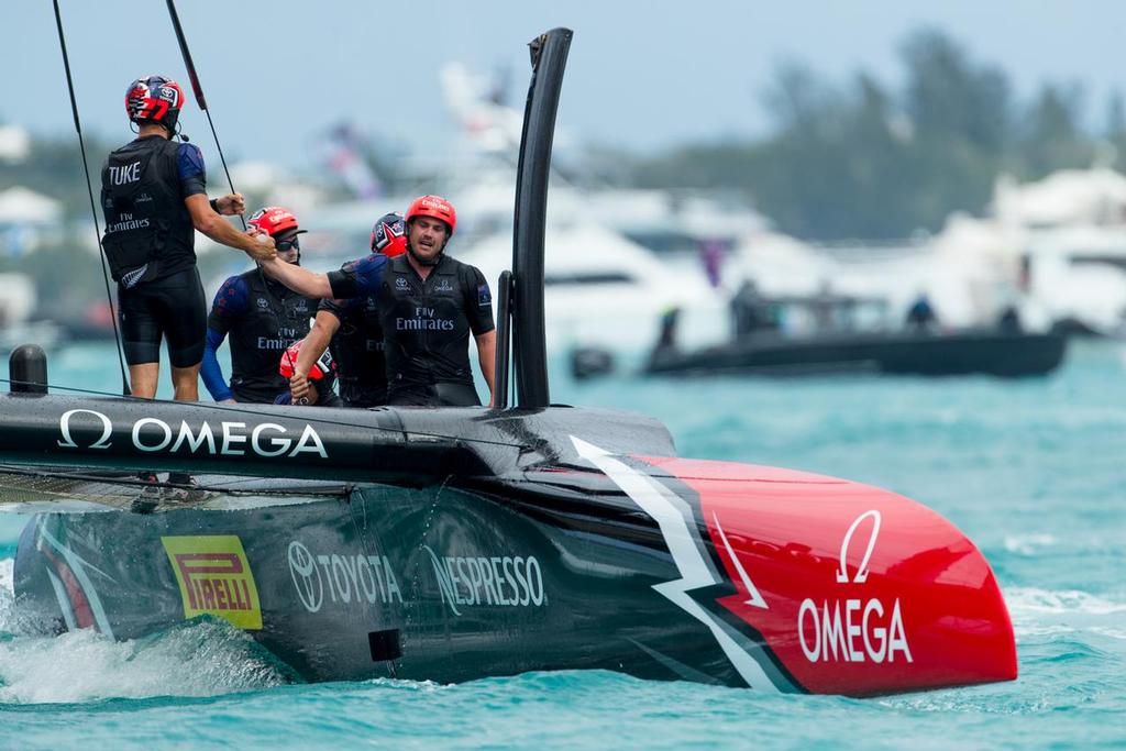 Emirates Team New Zealand sailing on Bermuda's Great Sound in the Louis Vuitton America's Cup Challenger Playoffs Finals<br />
Emirates Team New Zealand (NZL) vs. Artemis Racing (SWE) Race 6. <br />
 © Richard Hodder/Emirates Team New Zealand