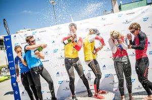 Nacra podium with silver medallists John Gimson-Anna Burnet and bronze winners Ben Saxton-Katie Dabson - Sailing World Cup Final photo copyright  Tomas Moya / Sailing Energy / World Sailing taken at  and featuring the  class