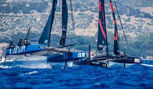 Realteam engaged in a duel with fellow Swiss crew Armin Strom – GC32 Villasimius Cup photo copyright Jesus Renedo / GC32 Racing Tour taken at  and featuring the  class