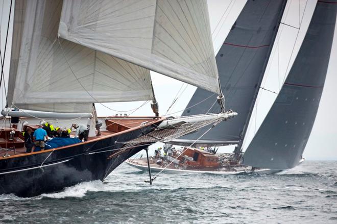 The 170’ (52 meter) schooner Meteor, built by Royal Huisman (foreground), and the 138’ (42 meter) J Class Sloop Ranger compete in the 2016 Candy Store Cup. Both superyachts will be back again for the second annual running of the event. ©  Billy Black