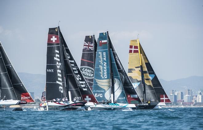 Fleet racing close to the city of Barcelona on day 3 of racing. Act 4. Barcelona, Spain - Extreme Sailing Series 2017 © Lloyd Images http://lloydimagesgallery.photoshelter.com/