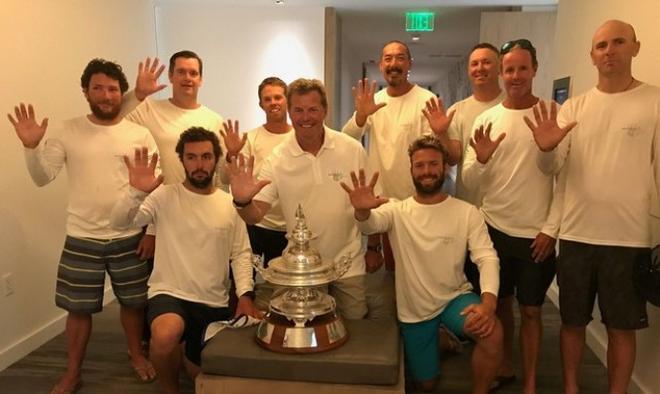Invisible Hand crew with the spoils - King Kalakaua Trophy awarded to the first corrected overall yacht in the Honolulu Race © Erik Simonson/ pressure-drop.us http://www.pressure-drop.us