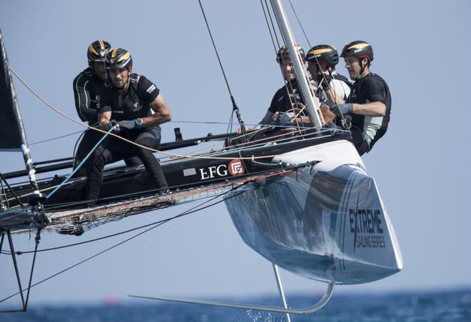 Oman Air Sailing Team skippered by Phil Robertson with team mates Pete Greenhalgh, Ed Smyth, Nasser Al Mashari and James Wierzbowski racing close to the city of Barcelona on day 3 of racing. Act 4. Barcelona, Spain - Extreme Sailing Series 2017 © Lloyd Images http://lloydimagesgallery.photoshelter.com/