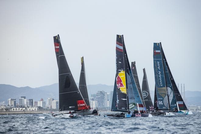 Fleet racing close to the city of Barcelona on day 4 of racing - 2017 Extreme Sailing Series Barcelona Act 4  © Lloyd Images http://lloydimagesgallery.photoshelter.com/