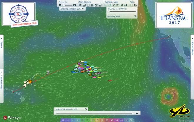 YB tracker shows the fleet dove south and are now being lifted north back towards rhumb line. Meanwhile the lead multihulls are about to finish in race record time. © YB Tracking