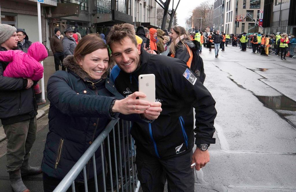 Blair Tuke poses for a selfie - Emirates Team New Zealand are welcomed into Christchurch. photo copyright Emirates Team New Zealand http://www.etnzblog.com taken at  and featuring the  class