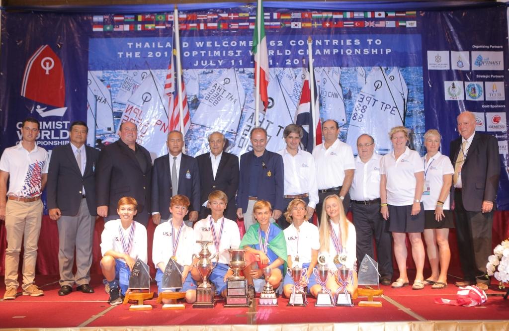 The general committee of Optimist World Championship 2017 led by Thomas Whitcraft (3rd from left), President of Organizing Committee;Adm.ThaneePhudpad (2nd from left), Committee and Secretary of the Yacht Racing Association of Thailand Under Royal Patronage; Adm.KraisornChansuvanich (4th from left), Honorary President of Optimist World Championship 2017 and President of the Yacht Racing Association of Thailand; Kevin Whitcraft (8th from left), the newly appointed President of the IODA; Mark Hami photo copyright Optimist World Championship taken at  and featuring the  class