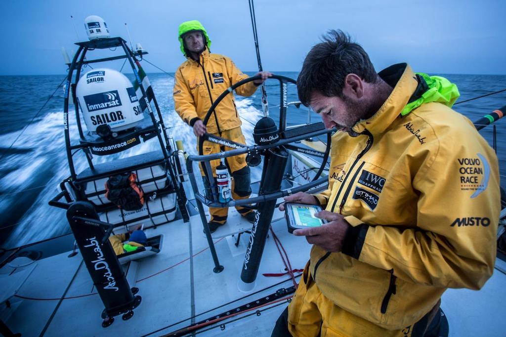 June 20,2015. Leg 9 to Gothenburg onboard Abu Dhabi Ocean Racing. Day 3. Simon ``SiFi`` Fisher and Phil Harmer prepare for a cold night aboard Azzam in the North Sea. photo copyright Matt Knighton/ Abu Dhabi Racing/Volvo Ocean Race taken at  and featuring the  class