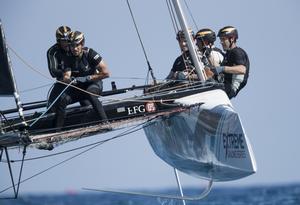 Oman Air Sailing Team skippered by Phil Robertson with team mates Pete Greenhalgh, Ed Smyth, Nasser Al Mashari and James Wierzbowski racing close to the city of Barcelona on day 3 of racing. Act 4. Barcelona, Spain - Extreme Sailing Series 2017 photo copyright Lloyd Images http://lloydimagesgallery.photoshelter.com/ taken at  and featuring the  class