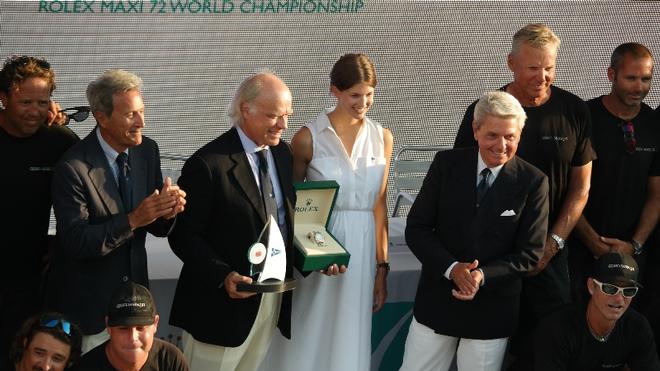 IMA President Thomas Bscher receives the Wally class prize at the Maxi Yacht Rolex Cup 2016 ©  Rolex / Carlo Borlenghi http://www.carloborlenghi.net