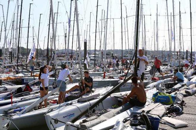 SB20 sports boats packed the marina at Cowes, waitng for wind – SB20 World Championships ©  Jane Austin
