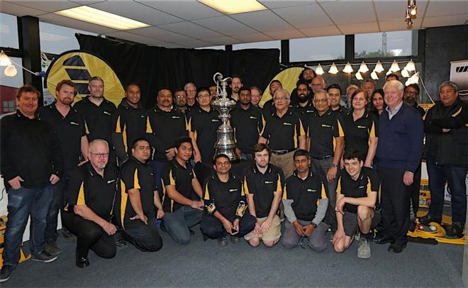 Members of the ETNZ team brought the America’s Cup to Jackson Industries’ Onehunga premises to say thank you © Bryce Taylor
